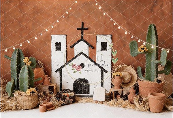 Fundo Fotográfico Festa Junina com igreja e Cactos