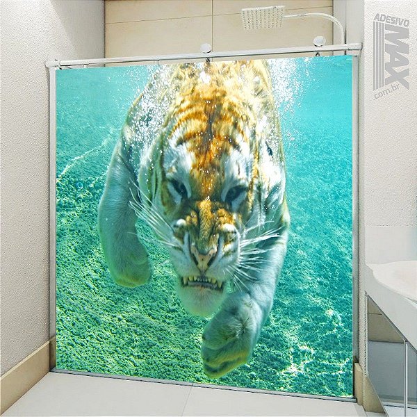 Adesivo Para Box De Banheiro 3d Pintura Tigre Largura Total Até 120cm