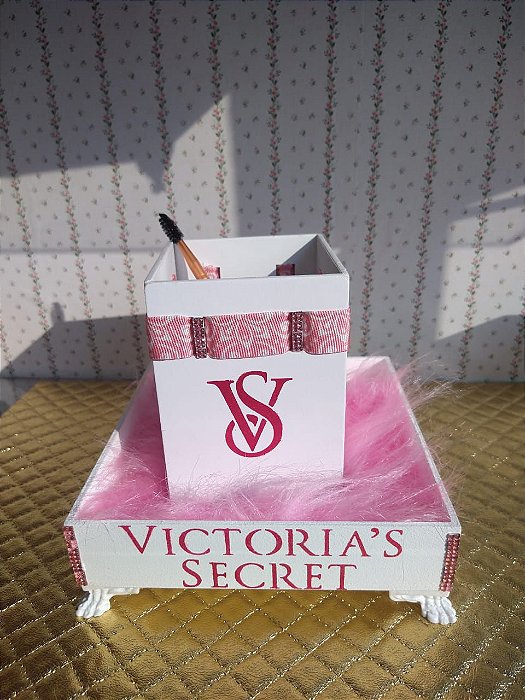 Porta Maquiagem Victoria's Secret Pincel Esmalte e Bandeja branco e rosa