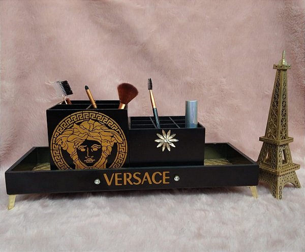 Porta Maquiagem Versace Pincel Batom Esmalte e Bandeja preto e dourado
