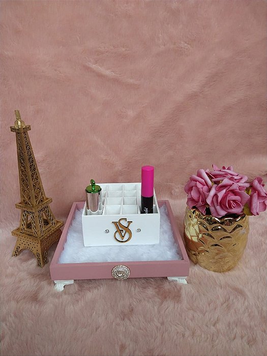 Porta Maquiagem Victoria Secrets Pincel Batom Esmalte e Bandeja Rose e Branco