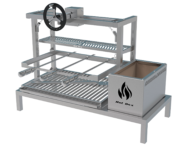 Parrilla Residencial Premium INOX 304 - Para Alvenaria 97 x 45cm Com Volante e Espetos