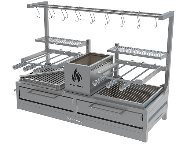 Parrilla Dupla Residencial Premium INOX 304 - Bancada 118 x 45cm - Com Tendal e Espetos