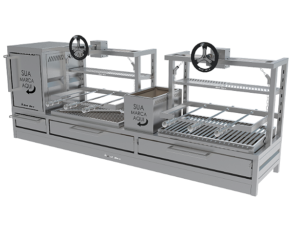 Parrilla Dupla Residencial Premium Bancada 200 x 45cm Com Volantes, espetos e Forno