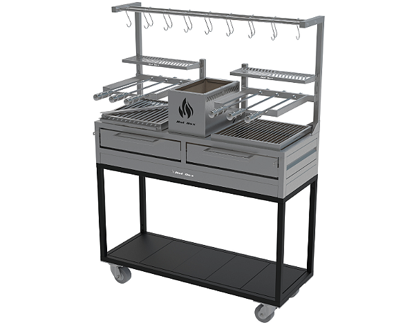 Parrilla Dupla Residencial Premium INOX 304 Com Carrinho 118 x 45cm - Com Tendal e Espetos