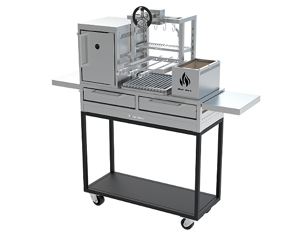 Parrilla Residencial Premium INOX 304 Com Carrinho 112x45cm Com Forno e Volante