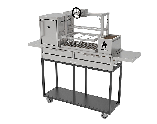 Parrilla Residencial Premium INOX 304 Com Carrinho 135x45cm Com Forno e Volante