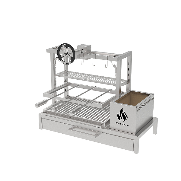 Parrilla Residencial Premium INOX 304 - Alvenaria com Volante e Porta 97 x 45cm