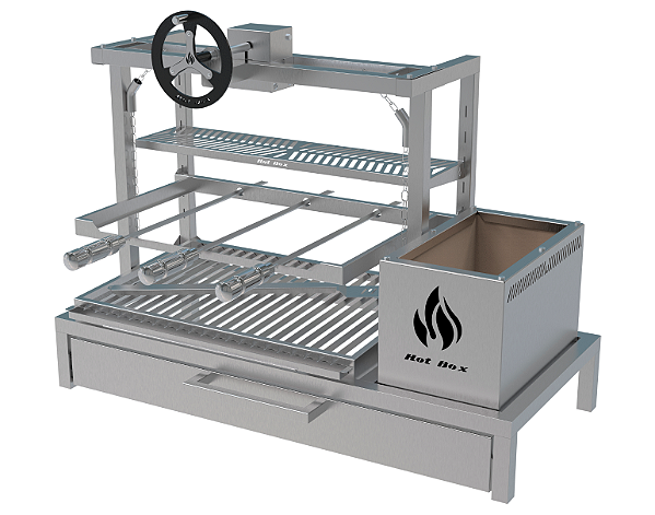 Parrilla Residencial Premium INOX 304 - Alvenaria com Volante e Porta 97 x 45cm