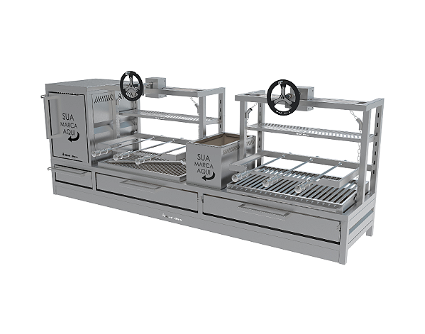 Parrilla Residencial Premium Dupla INOX 304 - Bancada e Volante 200 x 45cm