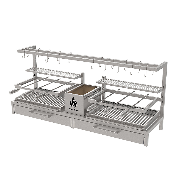 Parrilla Residencial Premium Dupla INOX 304 - Alvenaria Com Tendal e Porta 165 x 45cm