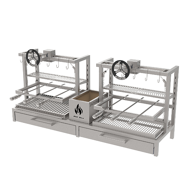 Parrilla Residencial Premium Dupla INOX 304 - Alvenaria Com Volante e Porta 165 x 45cm