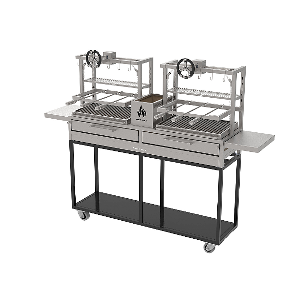 Parrilla Residencial Premium Dupla INOX 304 - Carrinho Com Volante 165 x 45cm