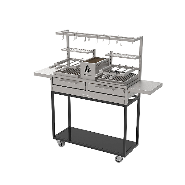Parrilla Residencial Premium Dupla INOX 304 - Carrinho Com Tendal 118 x 45cm