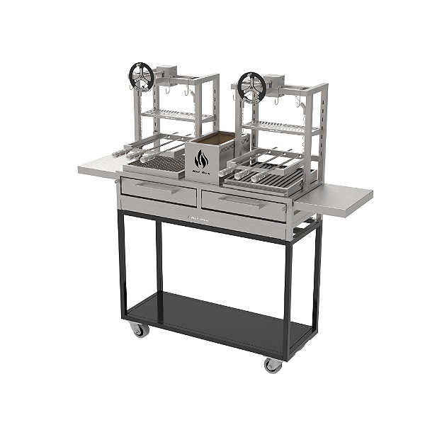 Parrilla Residencial Premium Dupla INOX 304 - Carrinho Com Volante 118 x 45cm
