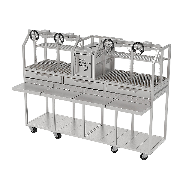 Parrilla Profissional Dupla 216 x 60cm Em INOX 304 Com Carrinho e Mesa