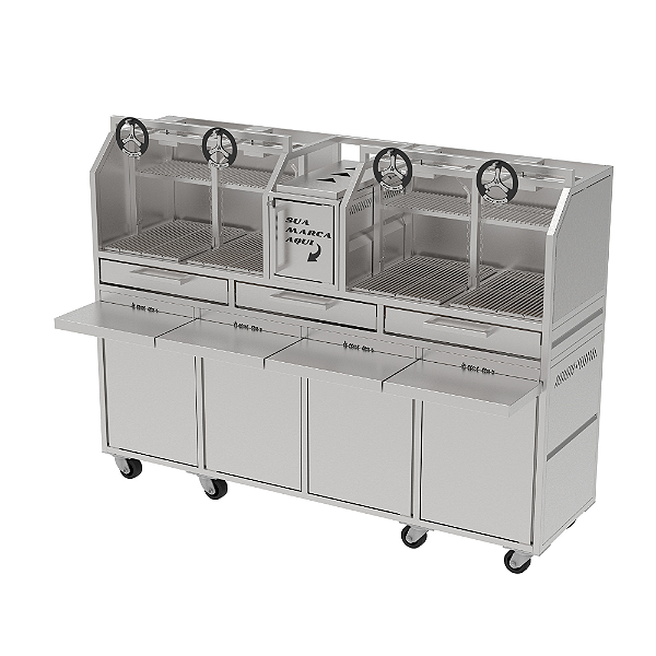Parrilla Profissional Dupla 215 x 60cm Em INOX 304 Com Carrinho, Fechamento e Mesa