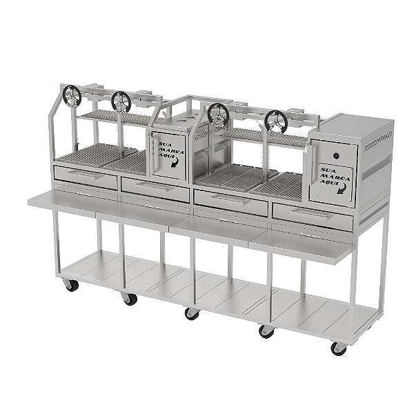 Parrilla Profissional Dupla 250x60 Em INOX 304 Com Carrinho e Mesa
