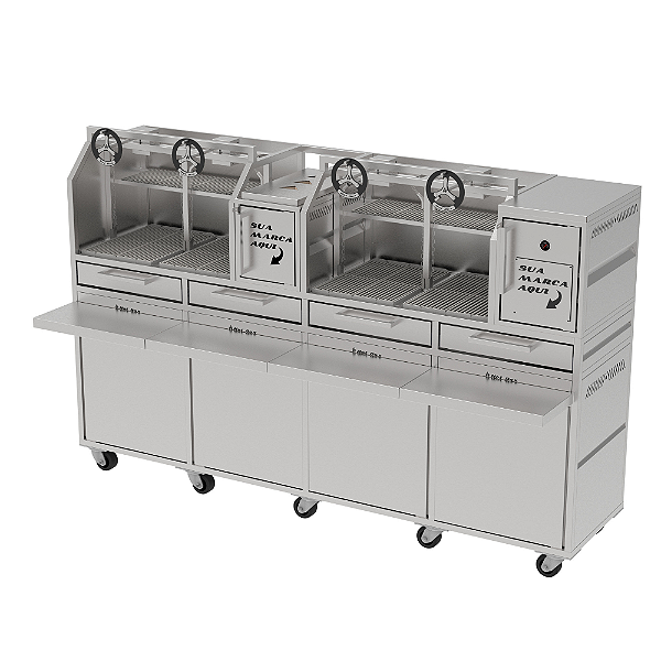 Parrilla Profissional Dupla 250x60 Em INOX 304 Com Carrinho, Fechamento e Mesa