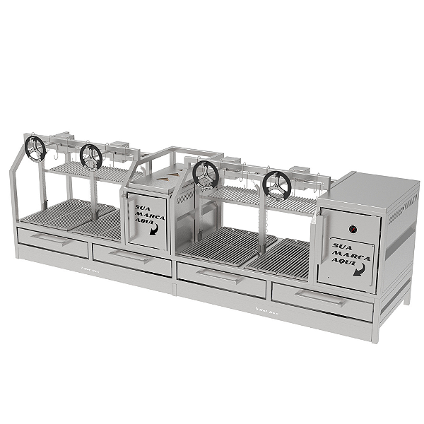 Parrilla Profissional Premium 250x60cm 4 Volantes Com Forno - INOX 304