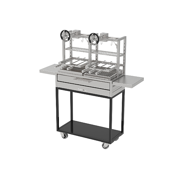 Parrilla Residencial Premium Dupla Em INOX 304 - Carrinho 97 x 45cm - Com Volante