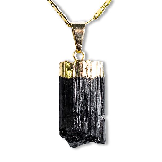 Colar Canudo de Turmalina Preta Media Envolto Dourado