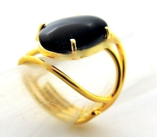 Anel Obsidiana Negra Cabochão Oval Pequeno Dourado