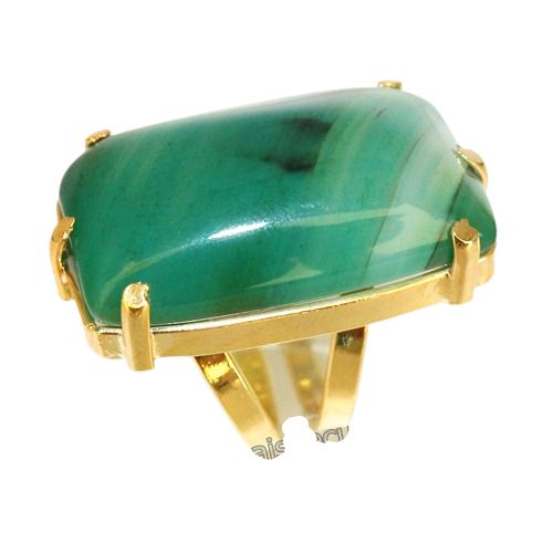 Anel Pedra Agata Verde Natural Retangular Dourado