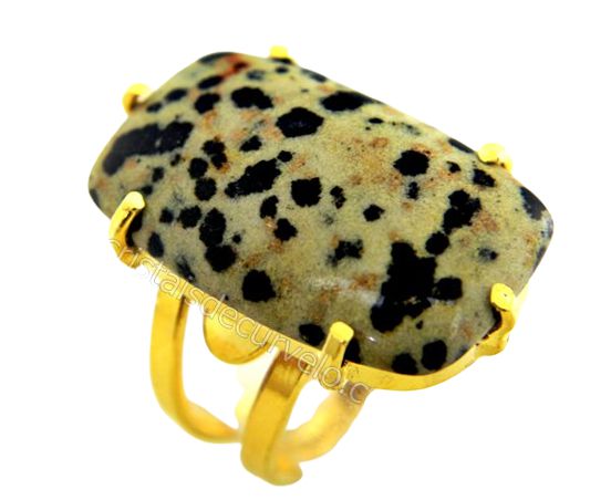 Anel Jaspe Dalmata Retangular Dourado Ajustável