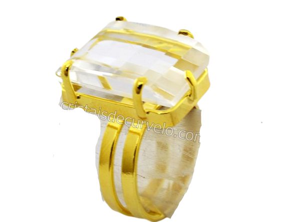 Anel Cristal Facetado Pedra de Garimpo Dourado Aro Ajustável