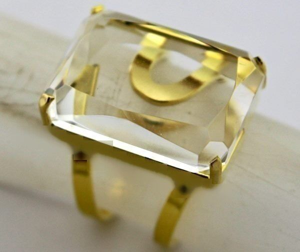Anel Pedra Cristal Facetado Garimpo Dourado Aro Ajustavel