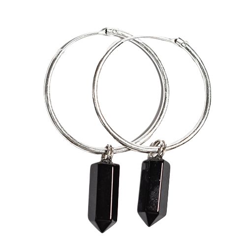 Brinco Prata 950 Pontinha na Argola Pedra Obsidiana Negra
