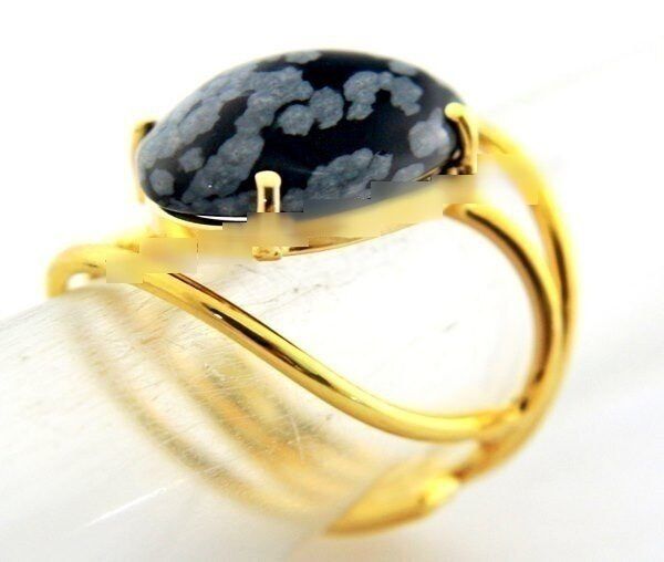 Anel Obsidiana Flocos de Neve Cabochão Oval Pequeno Dourado