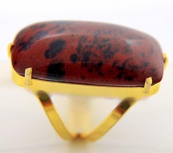Anel Obsidiana Mahogany Retangular Aro Ajustavel Dourado