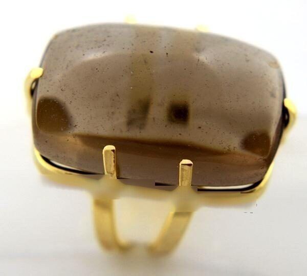 Anel Quartzo Fume Cabochão Retangular Dourado Aro Ajustavel
