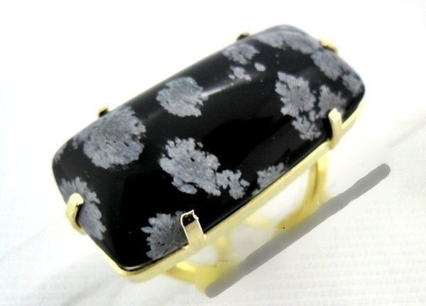 Anel Obsidiana Flocos Neve Retangular Dourado Aro Ajustavel