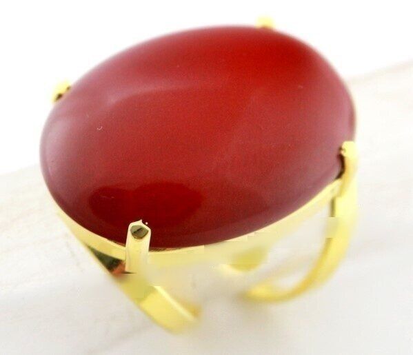 Anel Jaspe Vermelho Cabochão Oval Pedra Natural Dourado