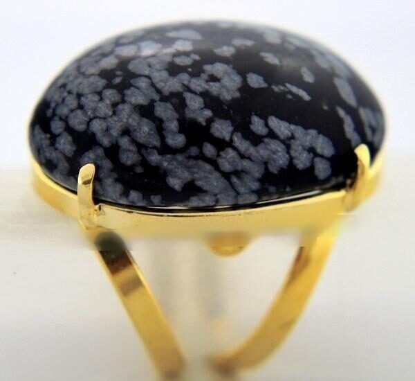 Anel Obsidiana Flocos de Neve Cabochão Oval Pedra Dourado
