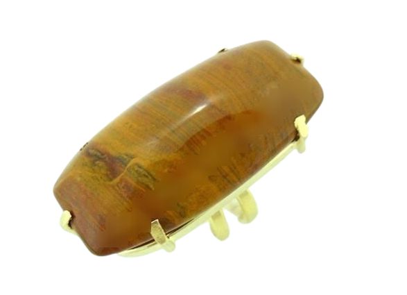 Anel Pedra Jaspe Amarelo Retangular Dourado Aro Ajustavel