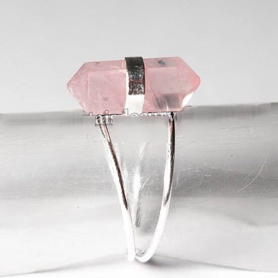 Anel Bi Ponta Pedra Quartzo Rosa na Prata 950 Aro Ajustavel