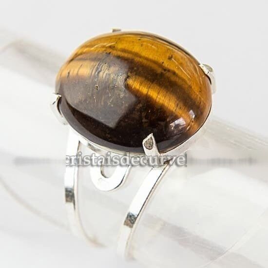 Anel Pedra Olho de Tigre Cabochão Oval Prata 950 Ajustavel