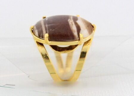 Anel Jaspe Brecha Cabochão Oval Pedra Natural Banho Dourado