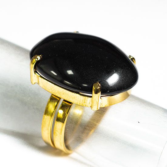 Anel Onix Preto Oval Pedra Natural Dourado Aro Ajustavel