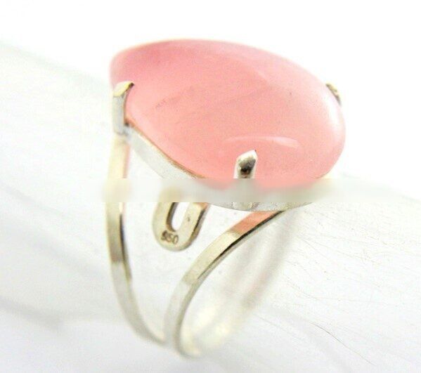 Anel Pedra Quartzo Rosa Gota Natural na Prata Aro Ajustavel