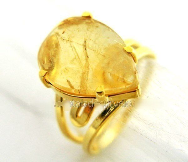 Anel Gota Pedra Citrino Natural Banho Dourado Aro Ajustavel