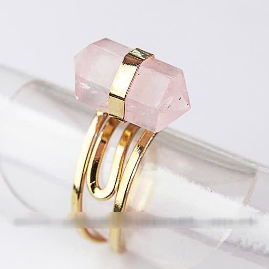 Anel Micro Pontinha Quartzo Rosa Bi Ponta Ajustavel Dourado