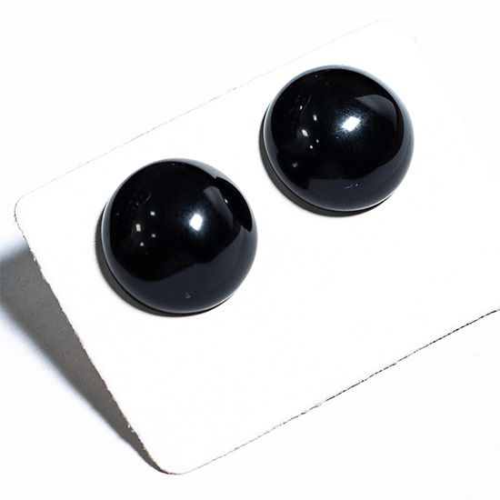 Brinco Button Disco 15mm Pedra Obsidiana Negra Natural Prata 950