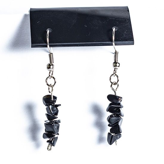 Brinco Cascalho Obsidiana Negra Natural Anzol Prateado