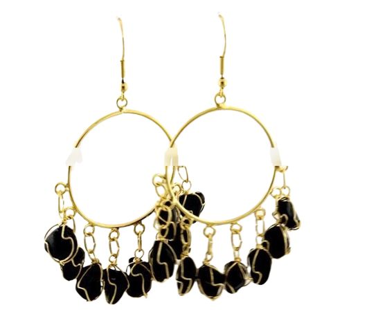 Brinco Argola Pedra Ônix Preto Gaiola Tarraxa Dourado