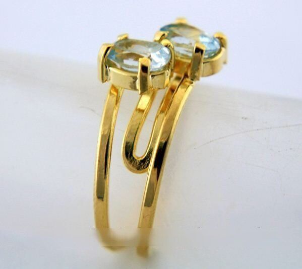 Anel 2 Pedras Topázio Azul Gemas Facetado Aro Dourado